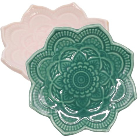 FRCOLOR Vassoio Gioielli in Ceramica a Fiore Mandala Irregolare 2 Pezzi | Verde, per Toletta, Decorativo e Facile da Pulire, Idea Regalo per Mamma, Sorelle e Amiche