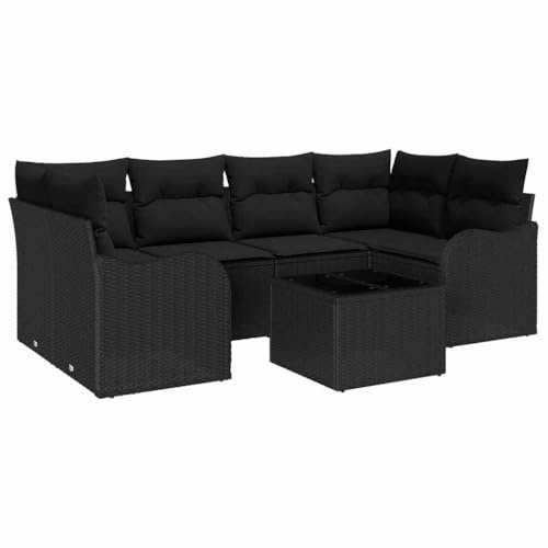 vidaXL 7-teiliges Gartensofa-Set mit Kissen aus schwarzem Rattan | Modulares Design, wetterfest, höhenverstellbare Füße, super für Außenbereiche, Terrassen, Patios, Lounges und Gärten.