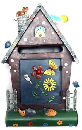 Handbemalter Briefkasten aus Metall, in Hausform mit Blumen- & Katzenmotiv, handgefertigt, bunt und fröhlich (NA-196-new)