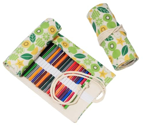 YISENJEE Stifterolle Leinwand Stift Vorhang Kiwi Grün Apple Papaya Wassermelone Obst Muster Stoff Bleistift Roll Fall-Green-72 Holes