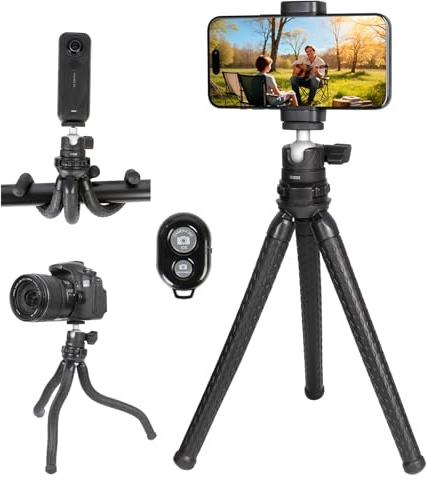 ZUZUXI Flexible Tripod for Phones & Camera, Mini Phone Tripod Stand with Remote & Phone Holder for Video Recording, Compatible with iPhone GoPro Insta360 X5 DJI Osmo Pocket 3 Canon Nikon Sony Camera