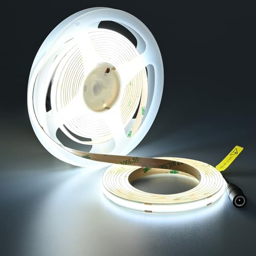 TOPAI 24V COB LED Streifen 5M 6000K Kaltweiß Selbstklebend LED Band | 480LEDs/M, CRI92+, 1200lm/M Dimmbar, Flexibel 8mm Breite, Schneidbar für Küchen, TV, Schlafzimmer