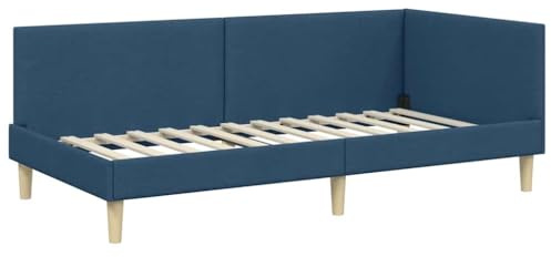 vidaXL Corner Bed Frame Blue 90 x 200 cm Fabric and Engineered wood, Modern Bed Frame, Rectangular Design, Breathable Material, Adjustable Headboard, Space-Saving Bedroom Furniture, Stylish Setup