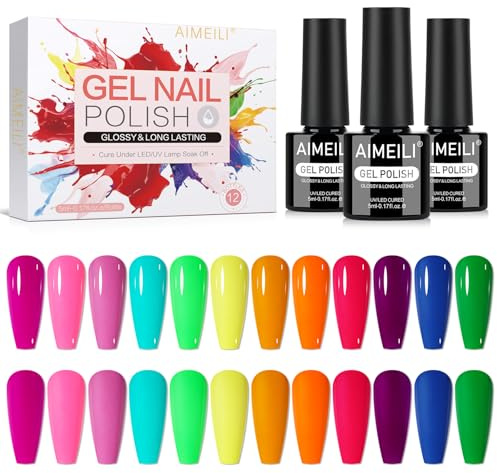 AIMEILI Neon Gel Nail Polish Set 12pcs, Cruelty Free, Vegan, Soak Off UV LED Gel Polish Nail Art Manicure Salon DIY for Women - Kit 35