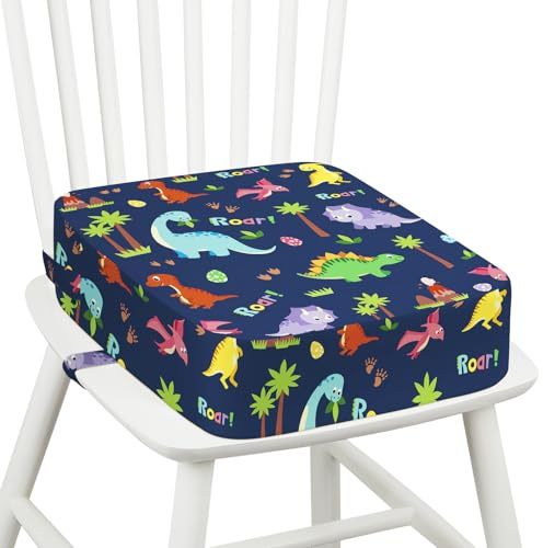 Omedecal Toddler Booster Seat for Dining Table Kitchen Chair, Kids Booster Seat with Non-Slip Bottom and Adjustable Straps, 4 Detachable Washable Portable Travel Increasing Cushion (Cute Dinosaur)