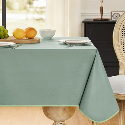 FIBORIA Wachstuchtischdecke 240x140 mit Saum Leinenoptik Grün Outdoor Tischdecke wetterfest wasserdicht Gartentischdecke Table Cloth eckig für Frühling,Draußen,Sommer,Handwerkstisch,Picknick,Party,BBQ
