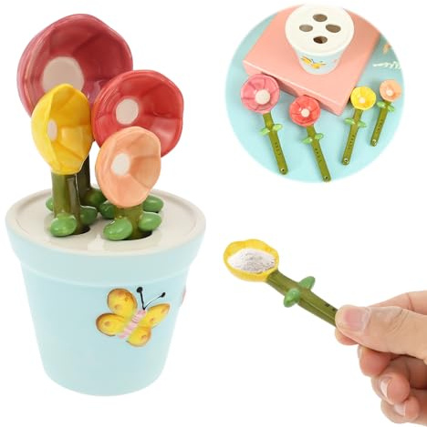 4Pcs Ceramic Measuring Spoon and Cup Flower Shape Baking Scale Spoon with Base Floral Embossed Stoneware Spoons(1 Tbsp, 1 TSP, ½ TSP, ¼ TSP) for Dry and Liquid Ingredient