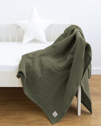 LOOLAY Musselin Decke 150x200cm – 100% Europäische Baumwolle – Leicht Atmungsaktiv – musselindecke Sommer für Kinder – Wickeldecke, Reisedecke und Strandtuch (Khakigrün)