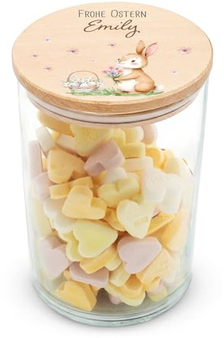 GRAVURZEILE Vorratsglas mit bedrucktem Holzdeckel - Osterhasen - Personalisiert mit Name - Keksdose Bonbonglas mit Deckel als Ostergeschenk - Vorratsdose - Geschenk für Ostern - 880 ml