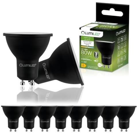 Lumiled® LED Lampe GU10 8W 800lm Neutralweiß 4000K ersatz 80W Reflektor Spot Schwarz 120° Nicht Dimmbar 10 Stück Energiesparendes Leuchtmittel für Wohnzimmer Küche Flur Hotel Büro