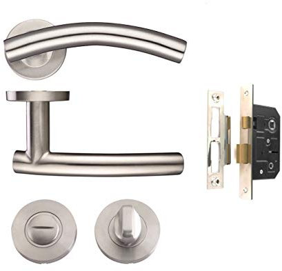 Golden Grace Arched T-Bar Bathroom Door Handle Lever On Round Rose Furniture in Stainless Steel Finish