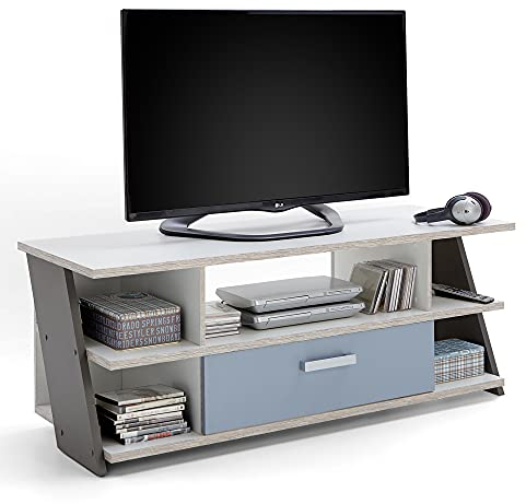 Jugendzimmer TV Lowboard Fernsehschrank Fernsehtisch mit Schubkasten, Sandeiche Nb., weiß, Lava, Denim