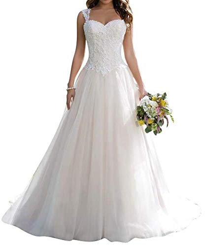 Robe de mariée longue en tulle avec bretelles, Blanc., 46