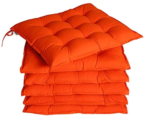 DETEX® Sitzkissen Stuhl 6er Set 55% Baumwolle Wasserabweisend 43x39cm Visko-Effekt Waschbar Stuhlkissen Sitzpolster Gartenstuhl Sitzauflage Orange