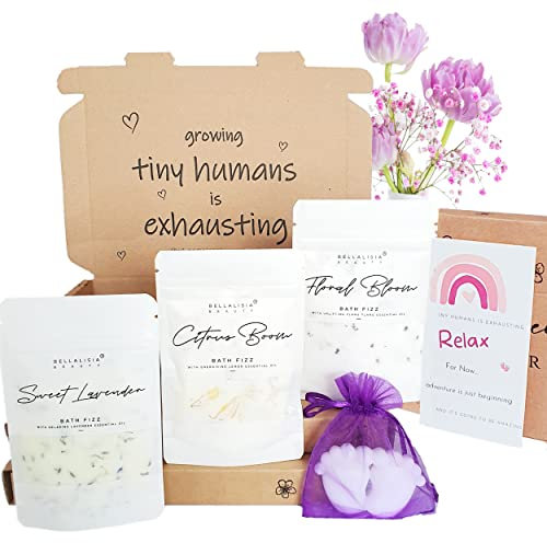 Bellalisia Baby Shower Gifts for Mum to be, New Mum Pamper Kit, Natural Organic Vegan Handmade Bath Bomb Fizz Powder Set, + Real Flowers Pure Essential Oils, Women Hamper Presents for Her to Enjoy