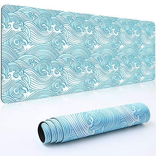 Grand tapis de souris XXL de 89 x 39 x 0,3 cm avec base antidérapante et bords cousus pour ordinateur, bureau, clavier et ordinateur portable – Motif vague abstraite
