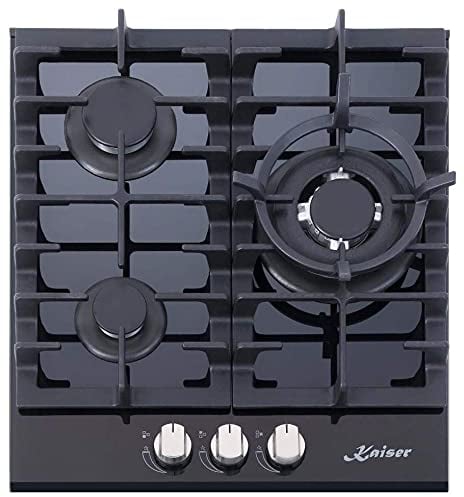 Kaiser Kochfeld 45cm Autark/Gaskochfeld/3,8 kW WOK Brenner/Gas-kochstelle/Elektro/Gaskocher/Kochmulde/Erdgas und Propangas/Gas auf Schwarzem Glas/Glaskeramik Gaskochfeld Einbau/3 Hochwertige Brenner