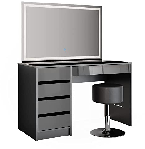 Vicco Schminktisch Sherry, Anthrazit Hochglanz, 120 cm mit LED-Spiegel und Hocker