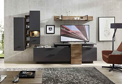 Wohnwand MEDIANA 1 in Graphit/Haveleiche Cognac Nb. Anbauwand Wohnzimmerschrank TV-Lowboard Fernsehschrank inkl. LED-Beleuchtung in verschiedenen Varianten