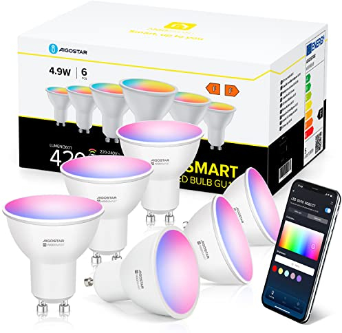 Aigostar Alexa Glühbirne GU10 SL2 Smart Lampe 4.9W WLAN Lampe LED RGBCW 2700-6500K Dimmbare, 26 Szenenmodus, App-steuerung, Kompatibel mit Alexa/Google Home, Kein Hub notwendig, 6 Stücke