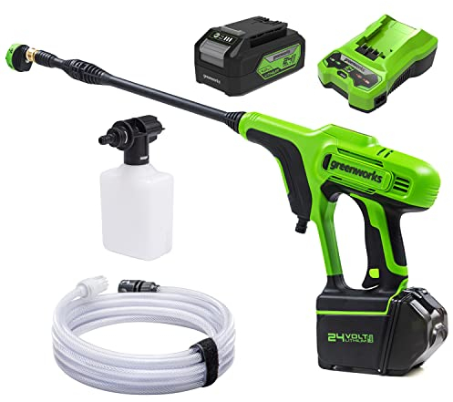 Greenworks Hidrolimpiadora a batería G24PW (motor de iones de litio 24V y 300 W de potencia, 24 bares presión y 180 l/h de caudal, boquilla doble y manguera 6m + 4Ah batería ni cargador)