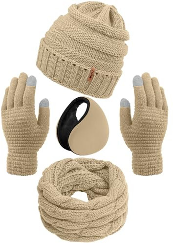 Aneco Winter Warm Sets Strickschal Beanie Mütze Touchscreen Handschuhe und Winter Ohrwärmer für Männer oder Frauen, Light Khaki, Einheitsgröße