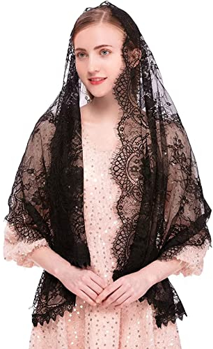 runrayay Schwarzer Spitzenschal, Kopftuch Rechteckiger Kapellenschleier Spanis Blumenschleier Wickelschal Masse Kopfbedeckung