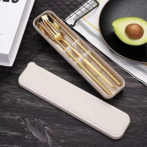 HonHeam 4-teiliges tragbares Edelstahl-Geschirr-Set, spülmaschinenfest, wiederverwendbar, Besteck-Set, inklusive Gabel, Löffel, Essstäbchen mit Box (Gold)