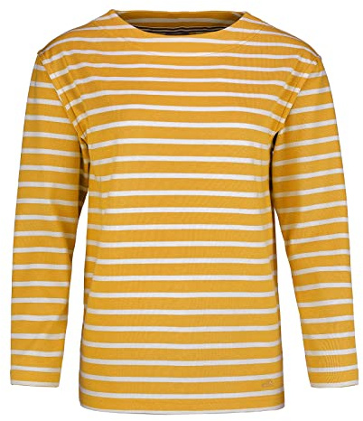 modAS Damen Shirt Bretonisches Damenshirt mit U-Boot Ausschnitt - Ringelshirt Streifenshirt Langarmshirt mit Streifen aus Baumwolle in Safran-Weiß Größe 50