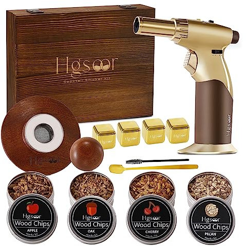 Hgsoor Whiskey Smoker Kit - Old Fashioned Drink Smoker Kit - Cocktail Smoker Kit with Torch, 4 Flavors Wood Chips, 4Ice Cubes, Bourbon Smoker Kit, Bourbon Whiskey Gifts for Men,Dad (No Butane)