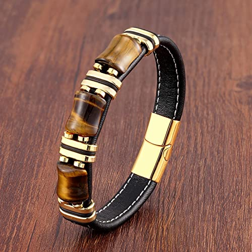 Bysonglezai Armbänder Herren Armband Armreif Geschenk Damen Naturstein Tigerauge Armband Schwarz Leder Seil Kette Herren Armband Damenmode Gold-Tigerauge
