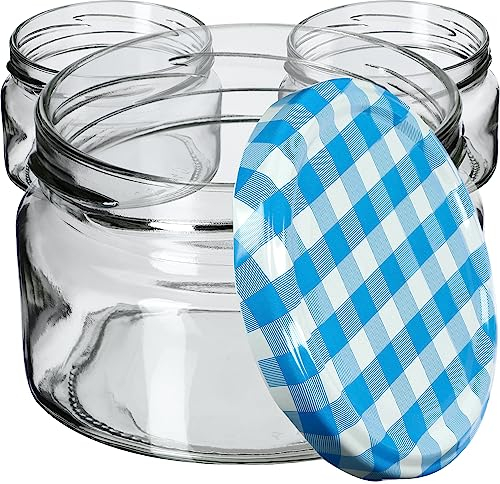 KADAX Lot de 10 bocaux à confiture, 250 ml, avec couvercle Twist-Off fi82, hermétiques et lavables au lave-vaisselle, en verre épais, choix de couvercles à visser (carreaux bleus)