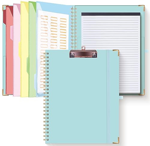 HAUTOCO Klemmbrett A4 Ordner mit Nachfüllbarem Linierten Notizblock, Klemmbretter mit 5 A4-Ordnern Lagerung 10 Taschen, Klemmbrett A4 mit Deckel, Spiral Clip Board für Schule, Büro, Blau