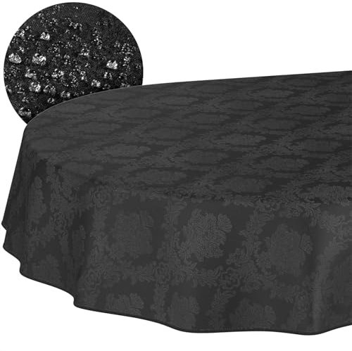Stoff Tischdecke Textil Tischwäsche Tischtuch Baumwolle Polyester abwaschbar Uni Ornament Damast Jacquard Gewebe waschbar Barock Schwarz Oval 280x140cm mit Saum (Eingefasst)