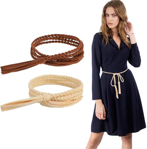 TIESOME 2 PCS Skinny Rope Belts for Women, Braided Tassel Belt Cowgirl Waist Belt PU Vintage Belt Woven Dress Waistband
