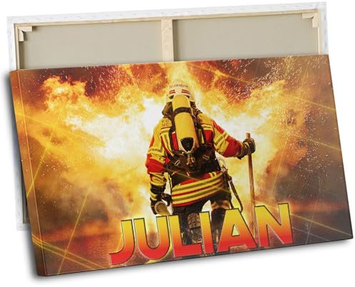 timalo® Kinderzimmer Wandbild Bild auf Leinwand Kinder Bilder für die Wand Leinwandbild xxl personalisiert mit Namen Mädchen Jungen Bild fürs Teenager Zimmer | 40x30cm Feuerwehr, Feuerwehrmann