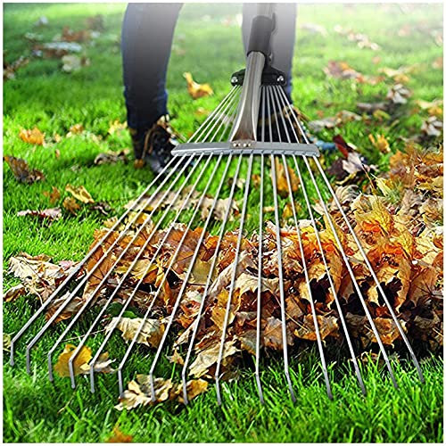 Verstellbarer Laubharken aus Metall, Rechen für Gartenrasen, Griff und klappbarer Kopf, zum Sammeln Loser Ablagerungen von Pflanzen, Rasenflächen und Höfen, Gartengeräte
