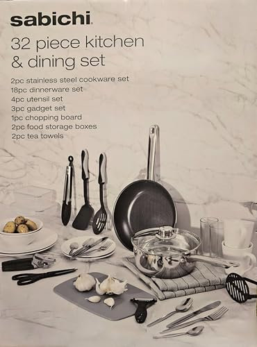 Sabichi 32 Piece Premium Kitchen Set, Essential Cookware and Gadgets- Stainless Steel Pots and Pans Set- Utensils, Dinnerware, Cookware, Glasses & Mugs