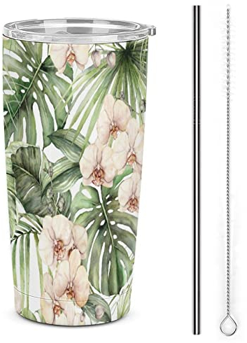 Anticsao Watercolor Jungle Palm Leaf Orchid 20oz Stainless Steel Tumbler, Insulated Tumblers Cup with Lid and Straw and Straw Brushes, Double Wall Travel Coffee Mug