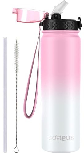 GOPPUS 1L/32oz Stainless Water Bottle with Straw Double Wall Insulated Bottles with Strap Reusable Vacuum Thermal Flask Leakproof Keep Cold Drinks Bottles with Flip Top Lid for Gym Men Women BPA Free