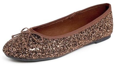 Feversole Women's Sparkle Memory Foam Cushioned Colorful Shiny Ballet Flats Pumps Glitter Around Bronze Size 6