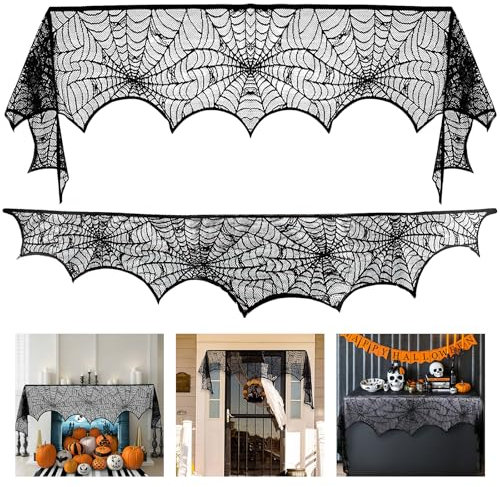 Wzone 45 x 248 cm - Toile d'araignée pour Halloween - Décoration de cheminée - Dentelle noire - Toile d'araignée effrayante - Décoration effrayante pour porte, carnaval, Halloween, fête