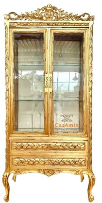 CasAmin Home & Living Goldfarbene Vitrine im Französischen Barock Rokoko Stil Glas und Holzvitrine im Antik Stil Gold Finish