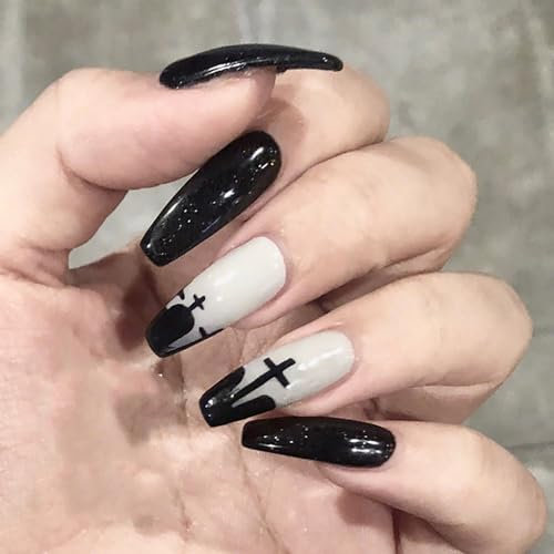 24PCS Long Almond False Nails, Black Halloween Element Press-on Designs, Removable Glue-on Set With Stickers, Acrylic Full Cover Stick-on for Women Girls
