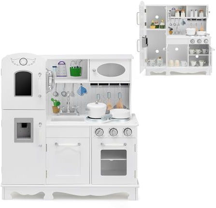 HOMASIS Kinderküche mit Licht & Sound, Spielküche mit Spielzubehör, Kinderspielküche mit Tafel Telefon Kühlschrank Spüle Herd Backofen, Spielzeugküche Holz, Küchenspielset für Kinder ab 3 Jahre, Weiß