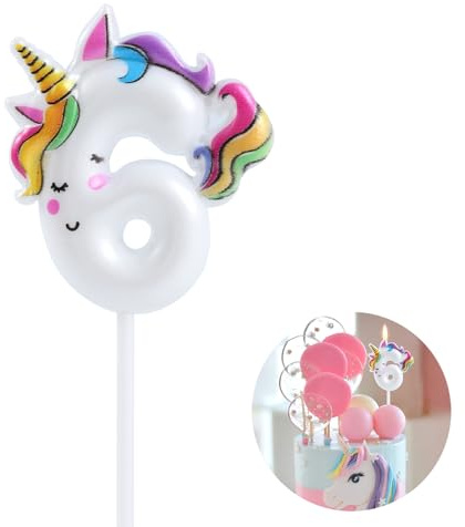 EAKE Einhorn-Geburtstagskerzen, 6 Einhorn-Kuchenaufsätze, Dekoration für Happy 6th Birthday, Party-Zubehör, Einhorn-Geburtstagsdekoration, schlafendes Einhorn mit drei lebendigen Regenbogenfarben
