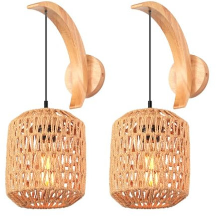 TOKTOP Lot de 2 Applique Murale Intérieure en Bois E27 Corde de Chanvre Rotin Lampe Murale Bohème Lune Éclairage Luminaire Murale Vintage pour Chambre Salon Couloir Café