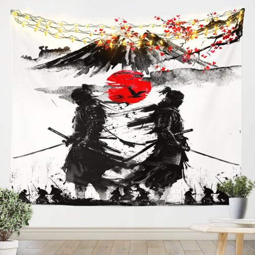 Loussiesd Japanischer Samurai Wandteppich 148x200cm Sonnenuntergang Wandtuch Für Frauen Männer Ultra Japan Themed Wandbehang Landschaft Silhouette Tapisserie Zimmer Dekor Wandbehang