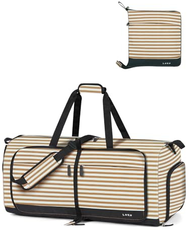 Lekesky Large Foldable Travel Duffe Bag - 80L Waterproof Holdall Luggage Bag with Shoes Compartment, Weekend Overnight Sports Bag for Women and Men(Rice Brown Stripe, 72 * 33 * 34cm)