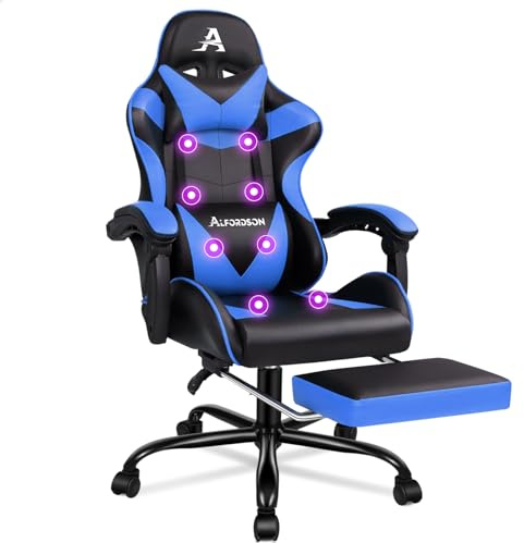 ALFORDSON Gaming Massage Stuhl Gaming-Stuhl Einziehbare Fußstütze,Blau | Racing-Stuhl Ausziehbare Fußstütze Kopfstütze Schreibtischstuhl, Liegesessel,PU-Leder, höhenverstellbar, 180 kg Tragkraft